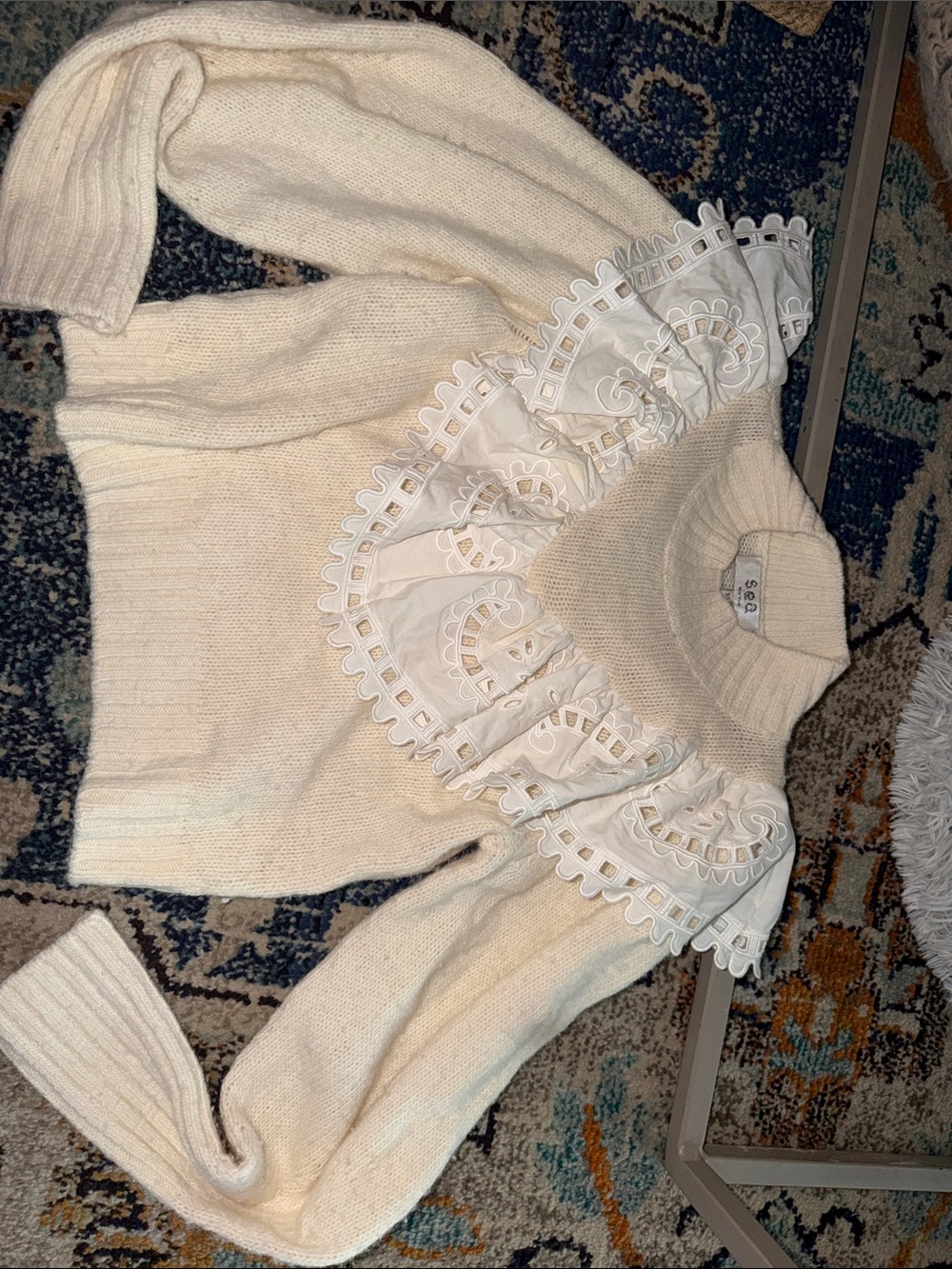 Sea Cream Lace-Trim Ribbed Turtleneck Sweater
